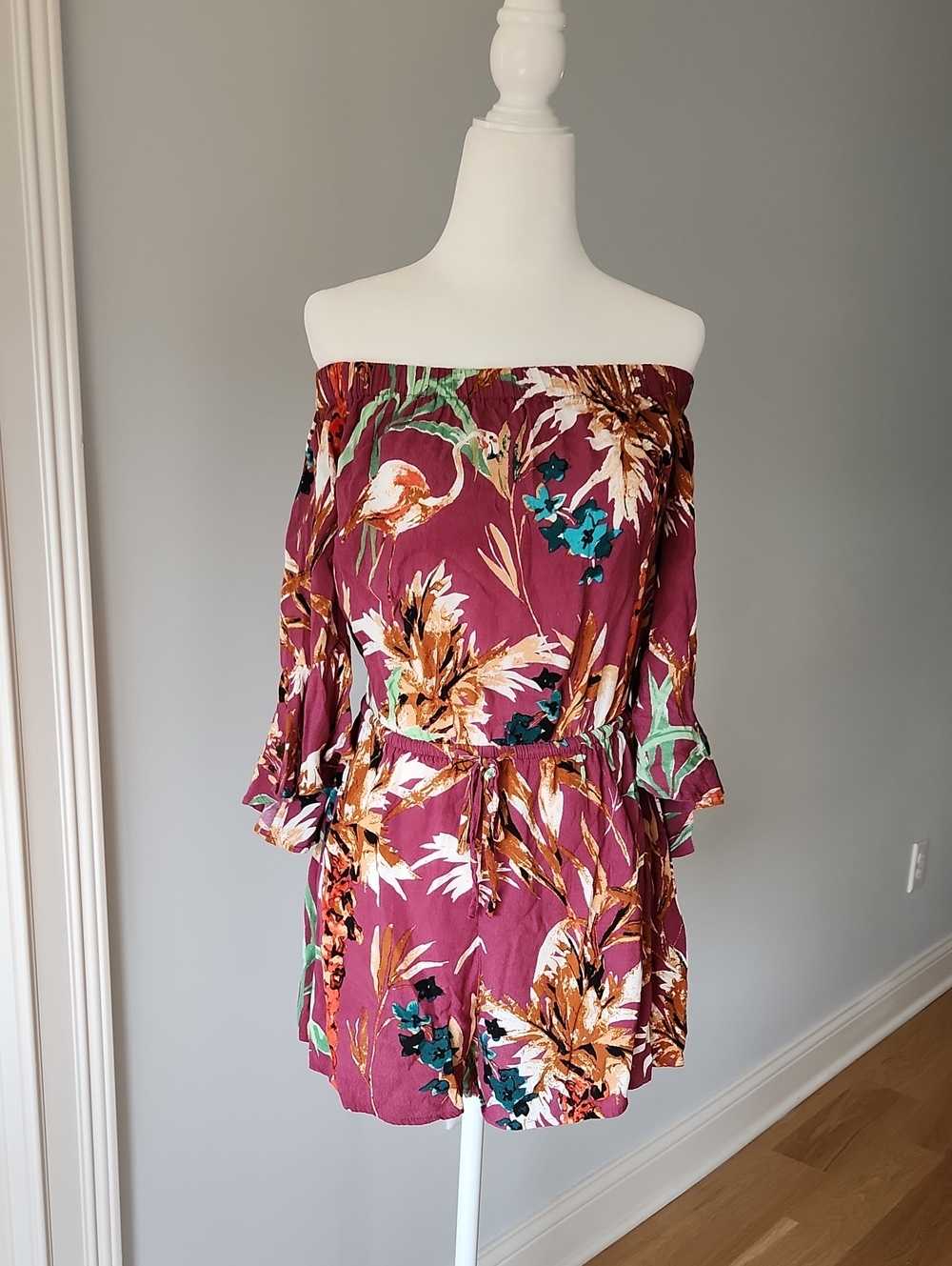 Express Off-Shoulder Floral Romper Dress in Plum